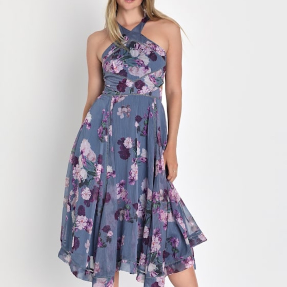 Lulus Precious Attitude Slate Blue Floral Handkerchief Midi Dress - Size S